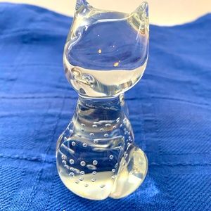 Crystal art glass hand blown cat figure paper weight w:bubbles inside